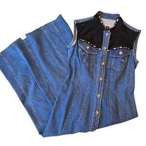 Rare Vintage Hairston Roberson Ropa S Western Denim Maxi Dress Beaded Button Tie